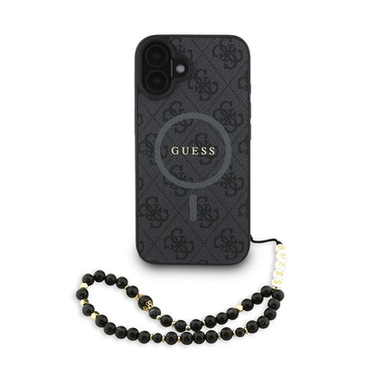 iPhone 16 Plus Kılıf Guess Orjinal Lisanslı M-safe Şarj Özellikli PU Deri Bilek Askı İpli Yazı Logolu Kapak