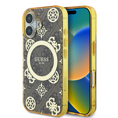 iPhone 16 Plus Kılıf Guess Orjinal Lisanslı M-safe Şarj Özellikli 4G Desenli IML Yazı Logolu Peony Kapak