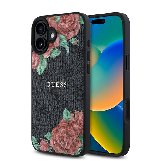 iPhone 16 Plus Kılıf Guess Orjinal Lisanslı M-safe Şarj Özellikli Gül Baskılı 4G Desenli Yazı Logolu Kapak