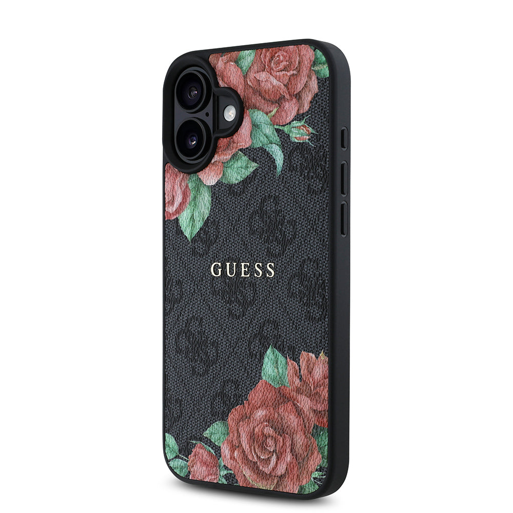 iPhone 16 Plus Kılıf Guess Orjinal Lisanslı M-safe Şarj Özellikli Gül Baskılı 4G Desenli Yazı Logolu Kapak