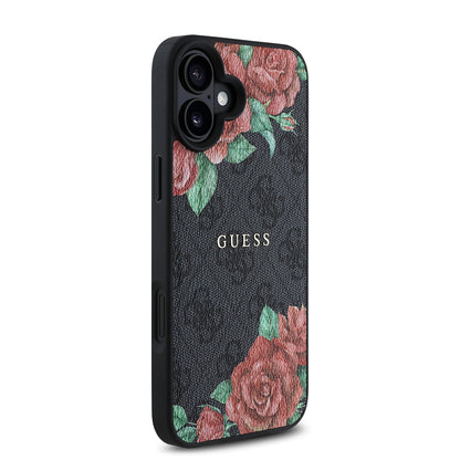 iPhone 16 Plus Kılıf Guess Orjinal Lisanslı M-safe Şarj Özellikli Gül Baskılı 4G Desenli Yazı Logolu Kapak