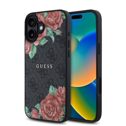 iPhone 16 Plus Kılıf Guess Orjinal Lisanslı M-safe Şarj Özellikli Gül Baskılı 4G Desenli Yazı Logolu Kapak