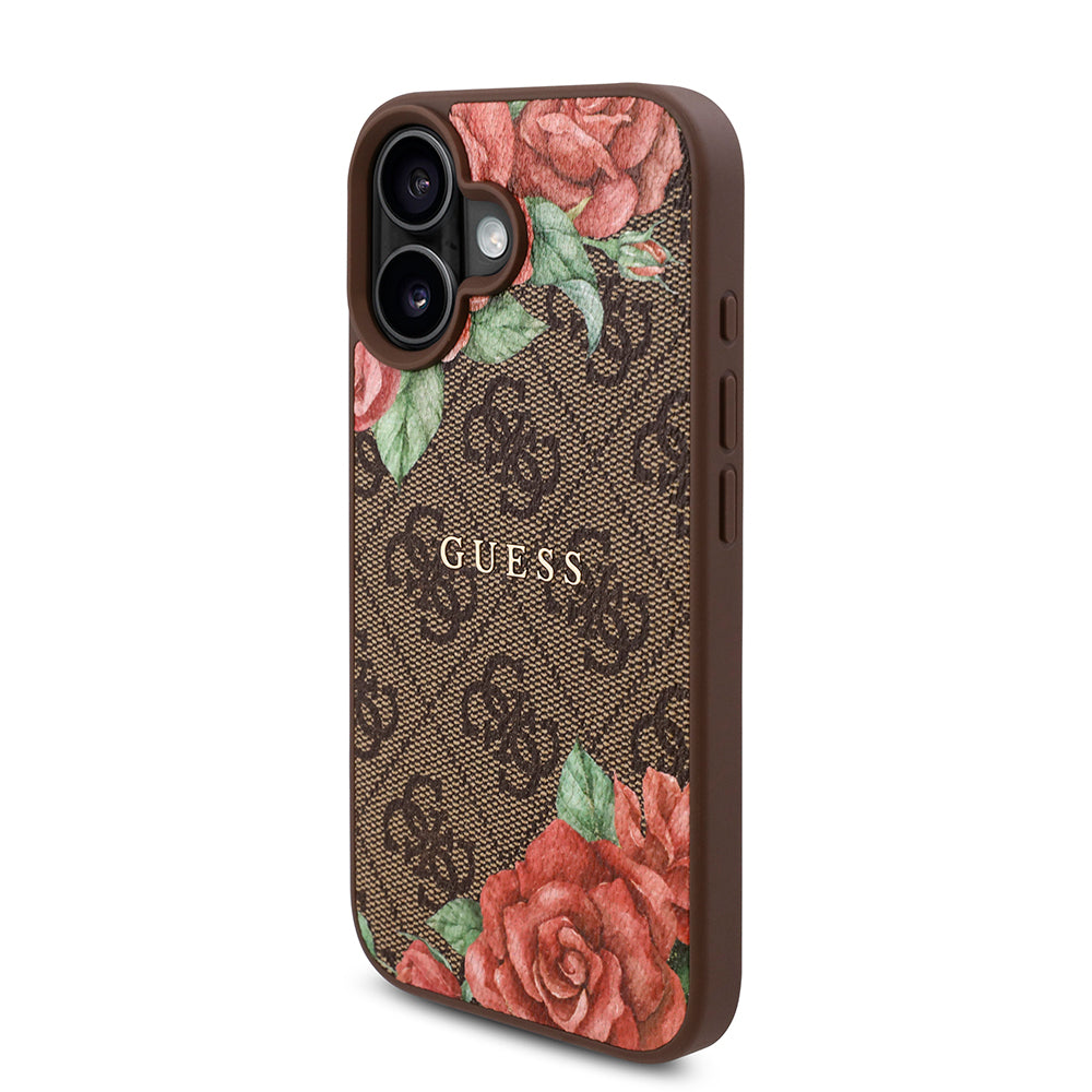 iPhone 16 Plus Kılıf Guess Orjinal Lisanslı M-safe Şarj Özellikli Gül Baskılı 4G Desenli Yazı Logolu Kapak