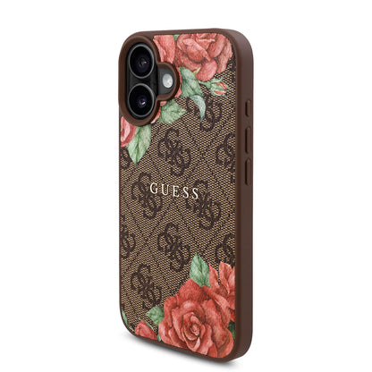 iPhone 16 Plus Kılıf Guess Orjinal Lisanslı M-safe Şarj Özellikli Gül Baskılı 4G Desenli Yazı Logolu Kapak