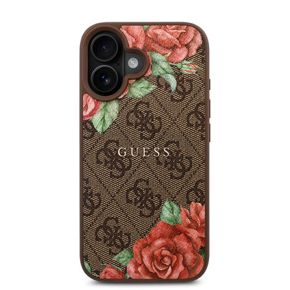 iPhone 16 Plus Kılıf Guess Orjinal Lisanslı M-safe Şarj Özellikli Gül Baskılı 4G Desenli Yazı Logolu Kapak