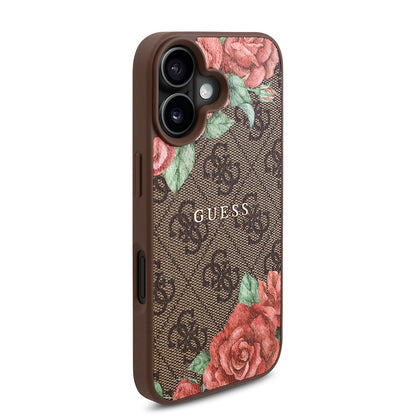 iPhone 16 Plus Kılıf Guess Orjinal Lisanslı M-safe Şarj Özellikli Gül Baskılı 4G Desenli Yazı Logolu Kapak