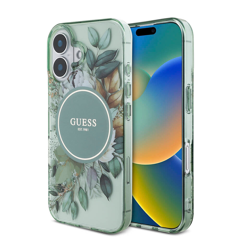 iPhone 16 Plus Kılıf Guess Orjinal Lisanslı M-safe Şarj Özellikli IML Baskılı Çiçek İnci Bileklikli Kapak