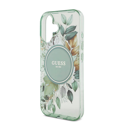 iPhone 16 Plus Kılıf Guess Orjinal Lisanslı M-safe Şarj Özellikli IML Baskılı Çiçek İnci Bileklikli Kapak