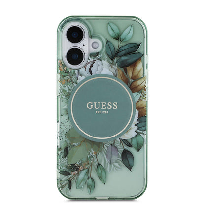 iPhone 16 Plus Kılıf Guess Orjinal Lisanslı M-safe Şarj Özellikli IML Baskılı Çiçek İnci Bileklikli Kapak