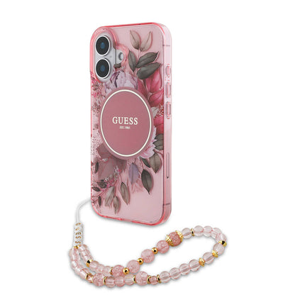 iPhone 16 Plus Kılıf Guess Orjinal Lisanslı M-safe Şarj Özellikli IML Baskılı Çiçek İnci Bileklikli Kapak