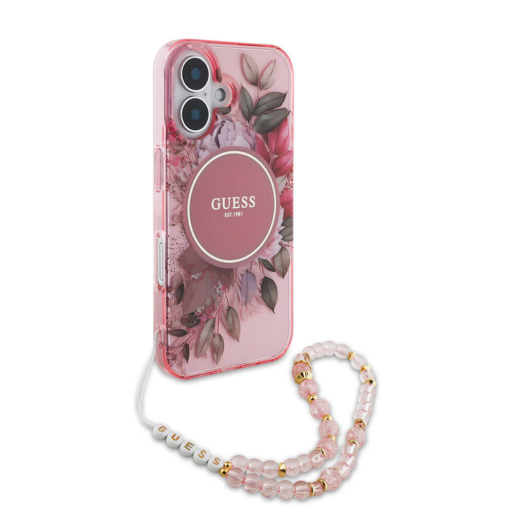 iPhone 16 Plus Kılıf Guess Orjinal Lisanslı M-safe Şarj Özellikli IML Baskılı Çiçek İnci Bileklikli Kapak