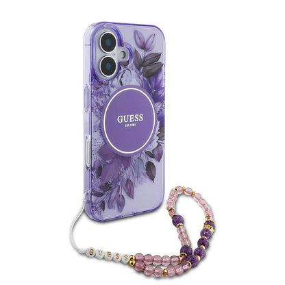 iPhone 16 Plus Kılıf Guess Orjinal Lisanslı M-safe Şarj Özellikli IML Baskılı Çiçek İnci Bileklikli Kapak