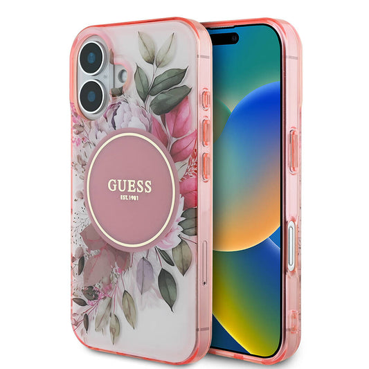 iPhone 16 Plus Kılıf Guess Orjinal Lisanslı M-safe Şarj Özellikli IML Baskılı Yazı Logolu Flower Tonal Circle Kapak