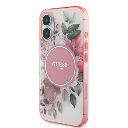 iPhone 16 Plus Kılıf Guess Orjinal Lisanslı M-safe Şarj Özellikli IML Baskılı Yazı Logolu Flower Tonal Circle Kapak
