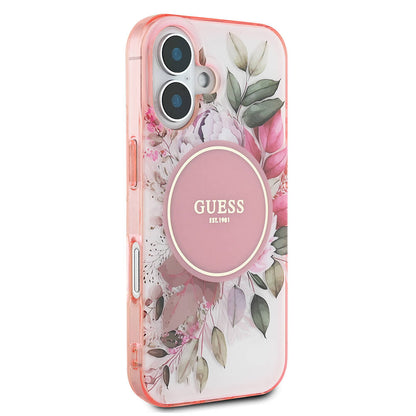 iPhone 16 Plus Kılıf Guess Orjinal Lisanslı M-safe Şarj Özellikli IML Baskılı Yazı Logolu Flower Tonal Circle Kapak