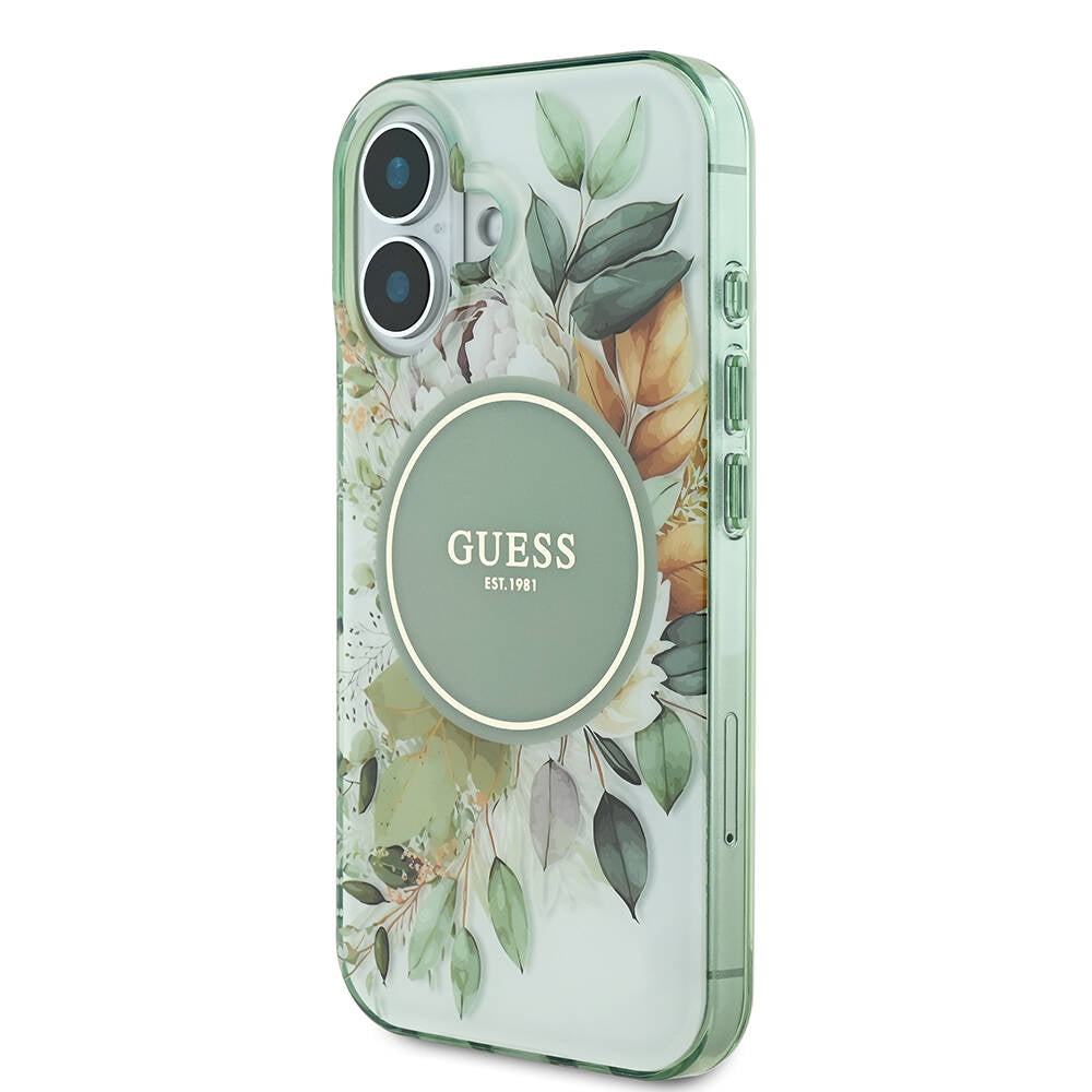 iPhone 16 Plus Kılıf Guess Orjinal Lisanslı M-safe Şarj Özellikli IML Baskılı Yazı Logolu Flower Tonal Circle Kapak