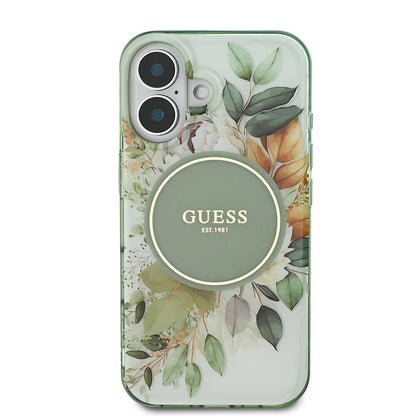 iPhone 16 Plus Kılıf Guess Orjinal Lisanslı M-safe Şarj Özellikli IML Baskılı Yazı Logolu Flower Tonal Circle Kapak
