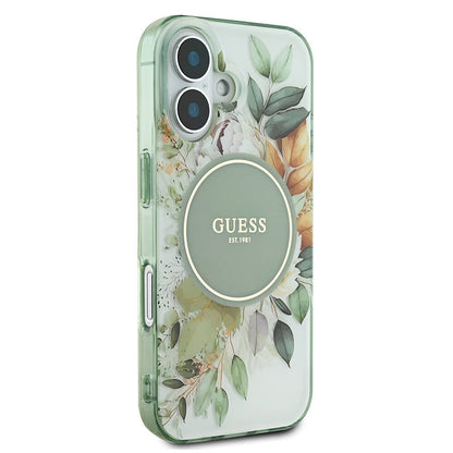 iPhone 16 Plus Kılıf Guess Orjinal Lisanslı M-safe Şarj Özellikli IML Baskılı Yazı Logolu Flower Tonal Circle Kapak