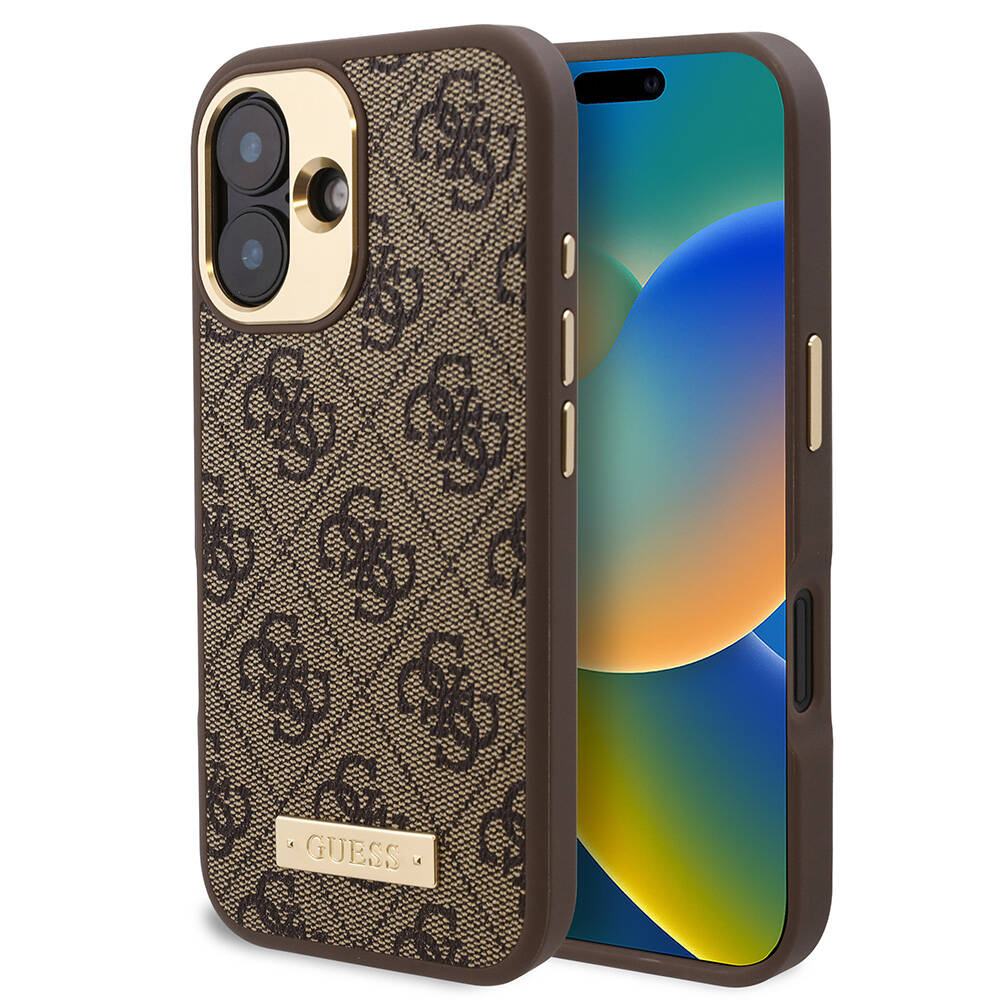 iPhone 16 Plus Kılıf Guess Orjinal Lisanslı M-safe Şarj Özellikli PU 4G Desenli Metal Plaka Klasik Logolu Kapak