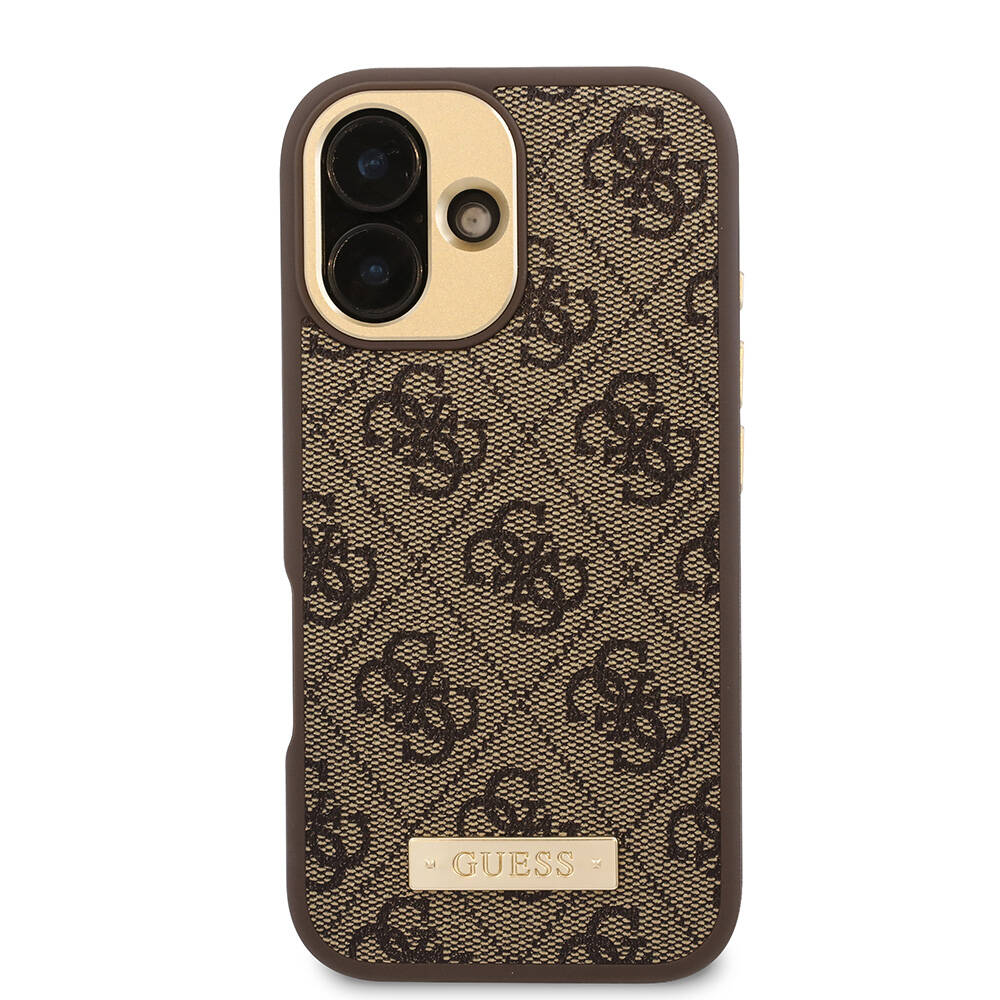 iPhone 16 Plus Kılıf Guess Orjinal Lisanslı M-safe Şarj Özellikli PU 4G Desenli Metal Plaka Klasik Logolu Kapak