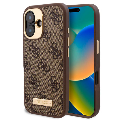 iPhone 16 Plus Kılıf Guess Orjinal Lisanslı M-safe Şarj Özellikli PU 4G Desenli Metal Plaka Klasik Logolu Kapak