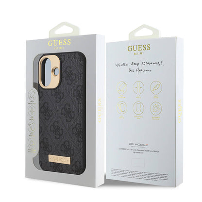 iPhone 16 Plus Kılıf Guess Orjinal Lisanslı M-safe Şarj Özellikli PU 4G Desenli Metal Plaka Klasik Logolu Kapak