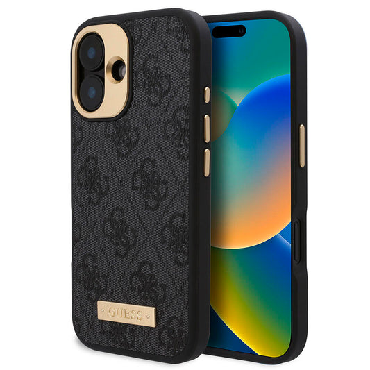 iPhone 16 Plus Kılıf Guess Orjinal Lisanslı M-safe Şarj Özellikli PU 4G Desenli Metal Plaka Klasik Logolu Kapak