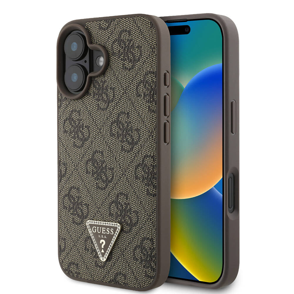 iPhone 16 Plus Kılıf Guess Orjinal Lisanslı M-safe Şarj Özellikli PU Deri 4G Desenli Taşlı Üçgen Logolu Kapak