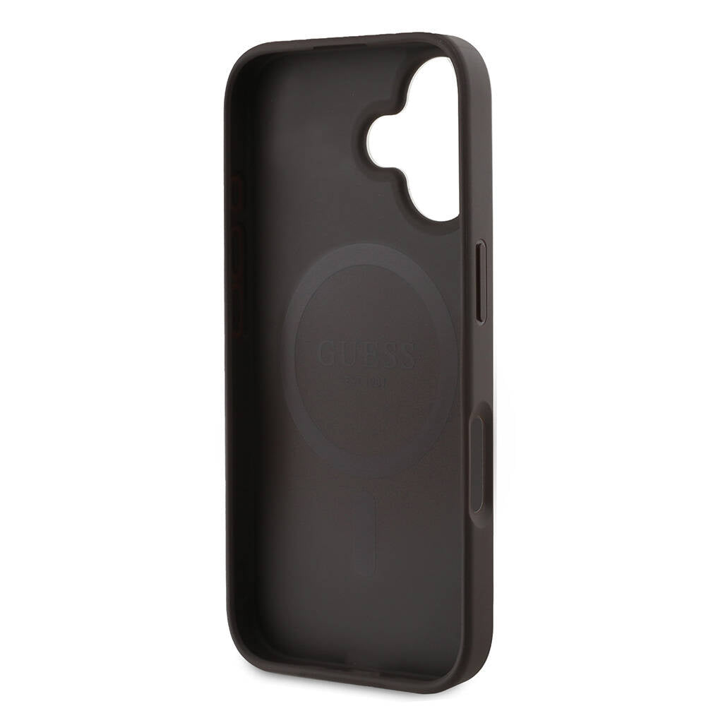 iPhone 16 Plus Kılıf Guess Orjinal Lisanslı M-safe Şarj Özellikli PU Deri 4G Desenli Taşlı Üçgen Logolu Kapak
