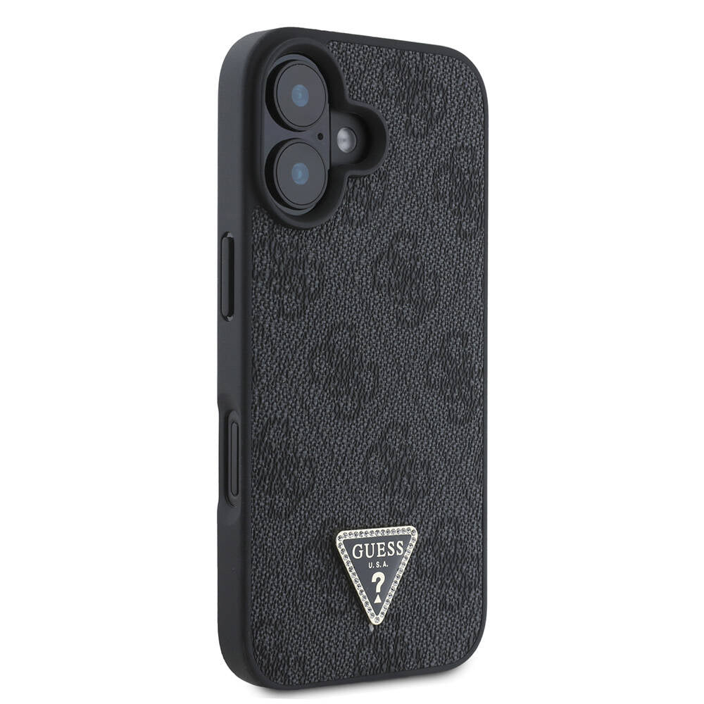 iPhone 16 Plus Kılıf Guess Orjinal Lisanslı M-safe Şarj Özellikli PU Deri 4G Desenli Taşlı Üçgen Logolu Kapak