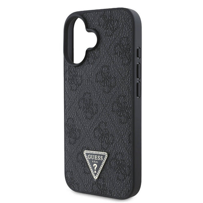 iPhone 16 Plus Kılıf Guess Orjinal Lisanslı M-safe Şarj Özellikli PU Deri 4G Desenli Taşlı Üçgen Logolu Kapak