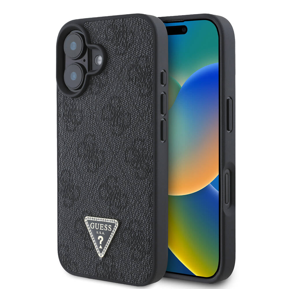 iPhone 16 Plus Kılıf Guess Orjinal Lisanslı M-safe Şarj Özellikli PU Deri 4G Desenli Taşlı Üçgen Logolu Kapak