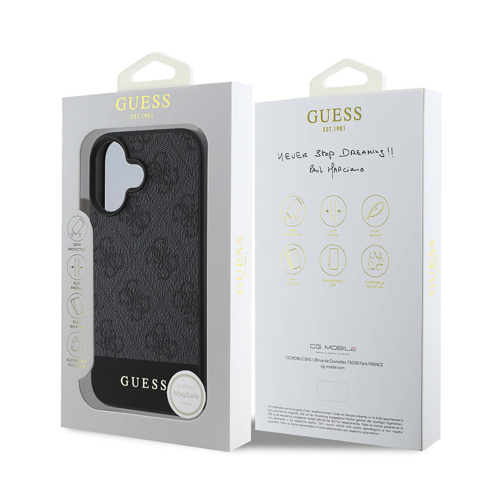 iPhone 16 Plus Kılıf Guess Orjinal Lisanslı M-safe Şarj Özellikli PU Deri Şerit Logo Dizaynlı Kapak