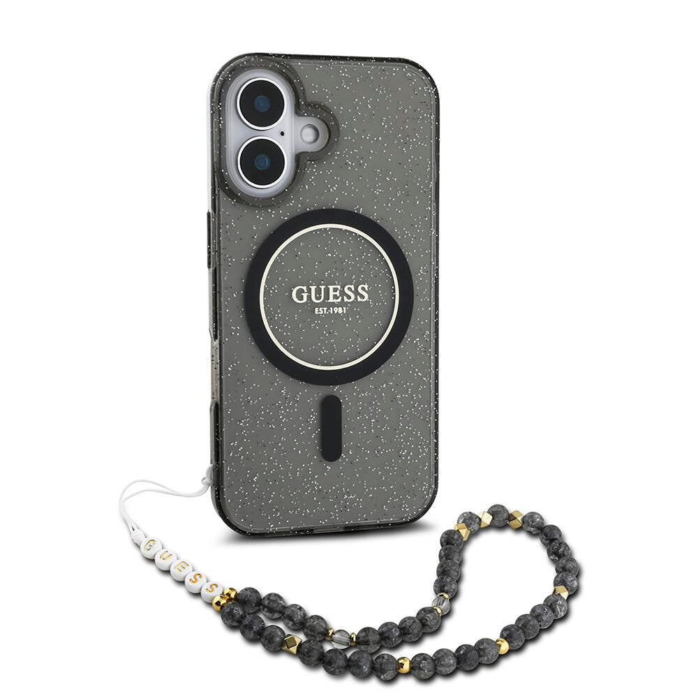 iPhone 16 Plus Kılıf Guess Orjinal Lisanslı M-safe Şarj Özellikli Simli Silikon İnci Bileklikli Kapak