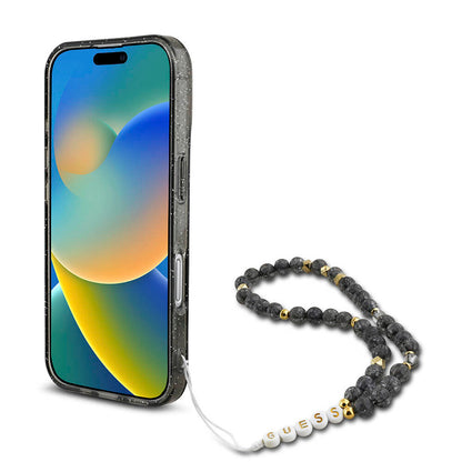 iPhone 16 Plus Kılıf Guess Orjinal Lisanslı M-safe Şarj Özellikli Simli Silikon İnci Bileklikli Kapak