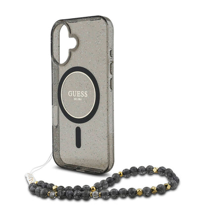 iPhone 16 Plus Kılıf Guess Orjinal Lisanslı M-safe Şarj Özellikli Simli Silikon İnci Bileklikli Kapak