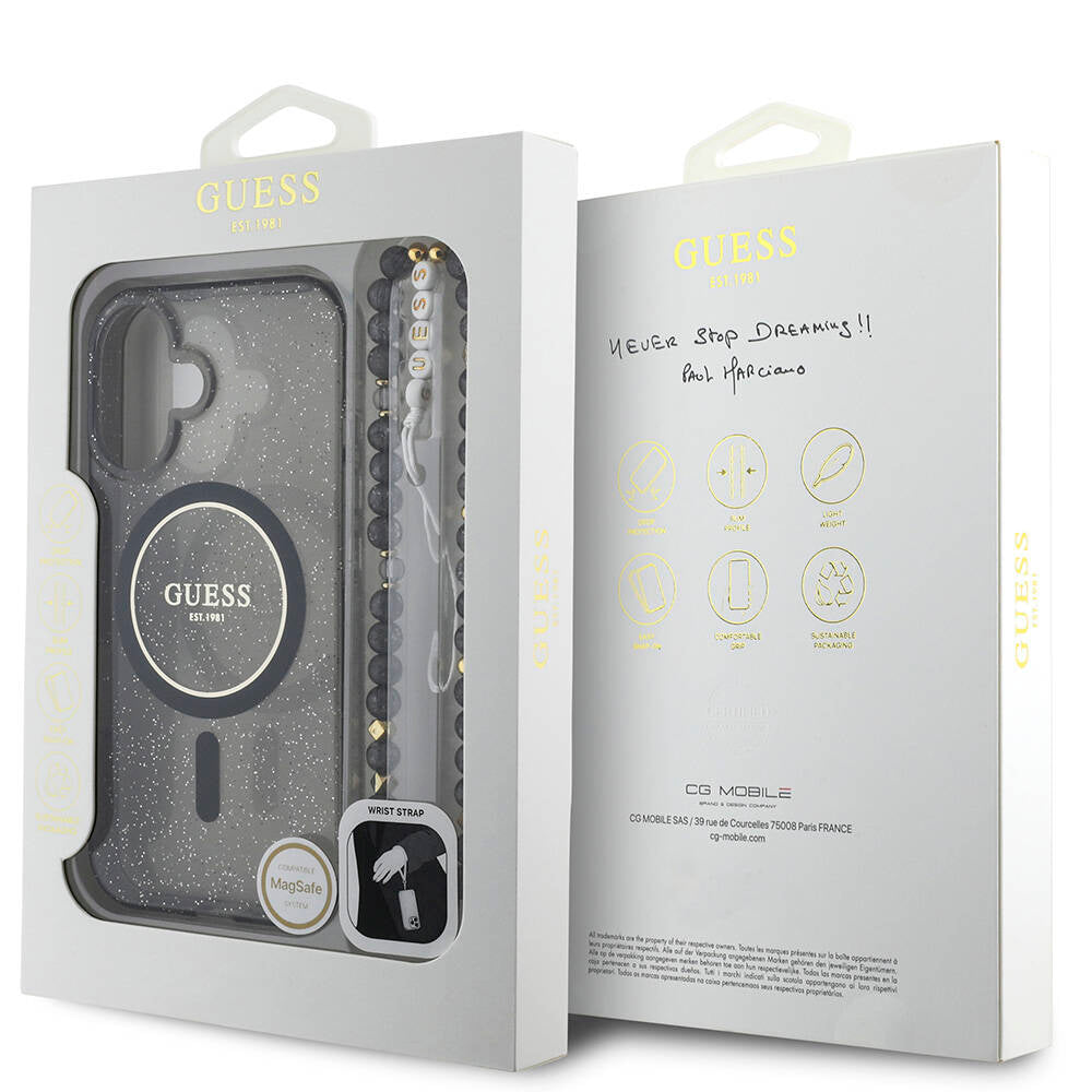 iPhone 16 Plus Kılıf Guess Orjinal Lisanslı M-safe Şarj Özellikli Simli Silikon İnci Bileklikli Kapak