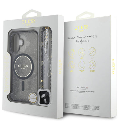iPhone 16 Plus Kılıf Guess Orjinal Lisanslı M-safe Şarj Özellikli Simli Silikon İnci Bileklikli Kapak
