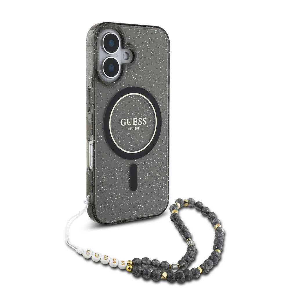 iPhone 16 Plus Kılıf Guess Orjinal Lisanslı M-safe Şarj Özellikli Simli Silikon İnci Bileklikli Kapak