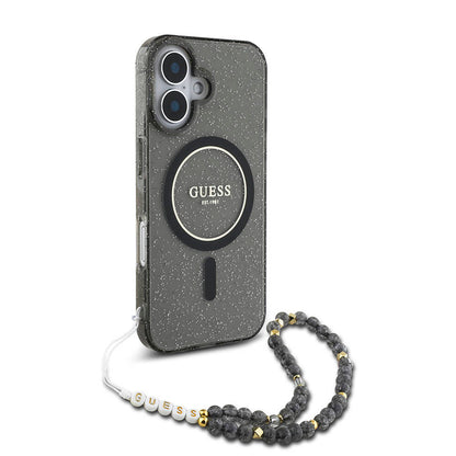 iPhone 16 Plus Kılıf Guess Orjinal Lisanslı M-safe Şarj Özellikli Simli Silikon İnci Bileklikli Kapak