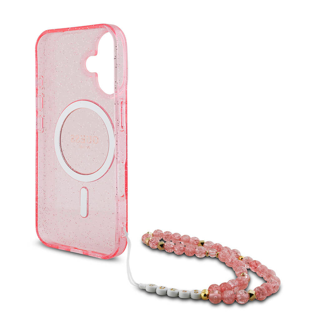 iPhone 16 Plus Kılıf Guess Orjinal Lisanslı M-safe Şarj Özellikli Simli Silikon İnci Bileklikli Kapak