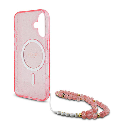 iPhone 16 Plus Kılıf Guess Orjinal Lisanslı M-safe Şarj Özellikli Simli Silikon İnci Bileklikli Kapak