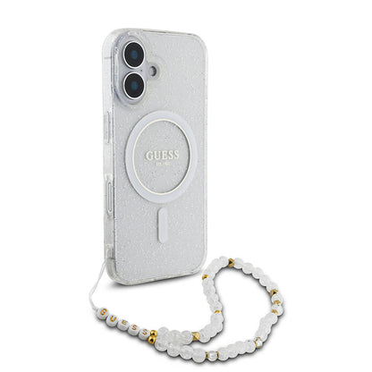 iPhone 16 Plus Kılıf Guess Orjinal Lisanslı M-safe Şarj Özellikli Simli Silikon İnci Bileklikli Kapak