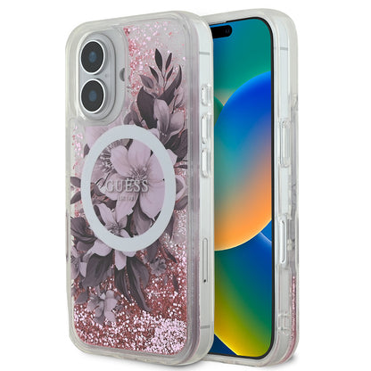 iPhone 16 Plus Kılıf Guess Orjinal Lisanslı M-safe Şarj Özellikli Sıvılı Simli Çiçek Desenli Kapak