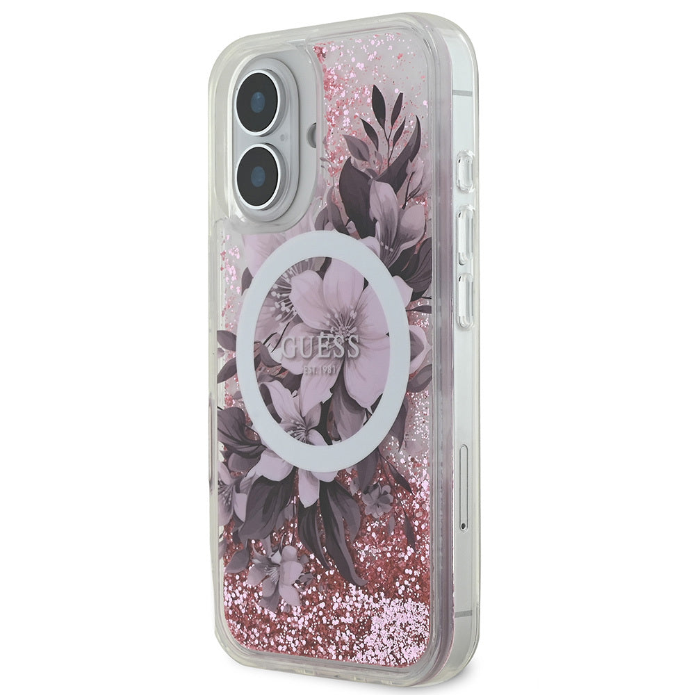 iPhone 16 Plus Kılıf Guess Orjinal Lisanslı M-safe Şarj Özellikli Sıvılı Simli Çiçek Desenli Kapak