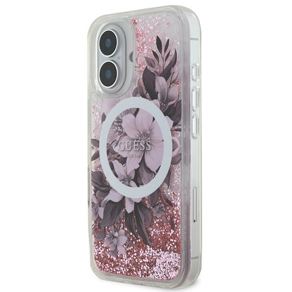 iPhone 16 Plus Kılıf Guess Orjinal Lisanslı M-safe Şarj Özellikli Sıvılı Simli Çiçek Desenli Kapak