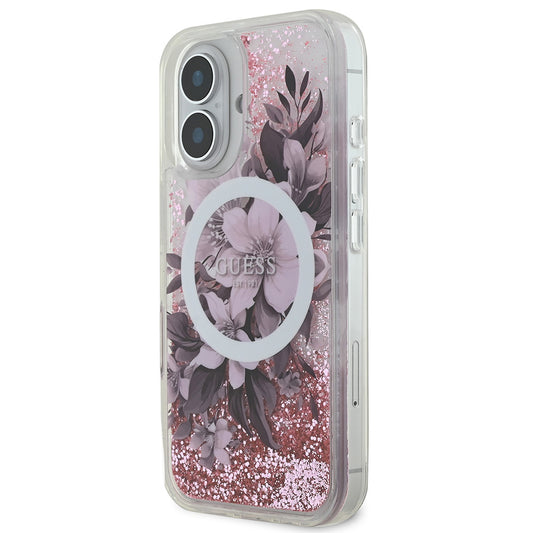 iPhone 16 Plus Kılıf Guess Orjinal Lisanslı M-safe Şarj Özellikli Sıvılı Simli Çiçek Desenli Kapak