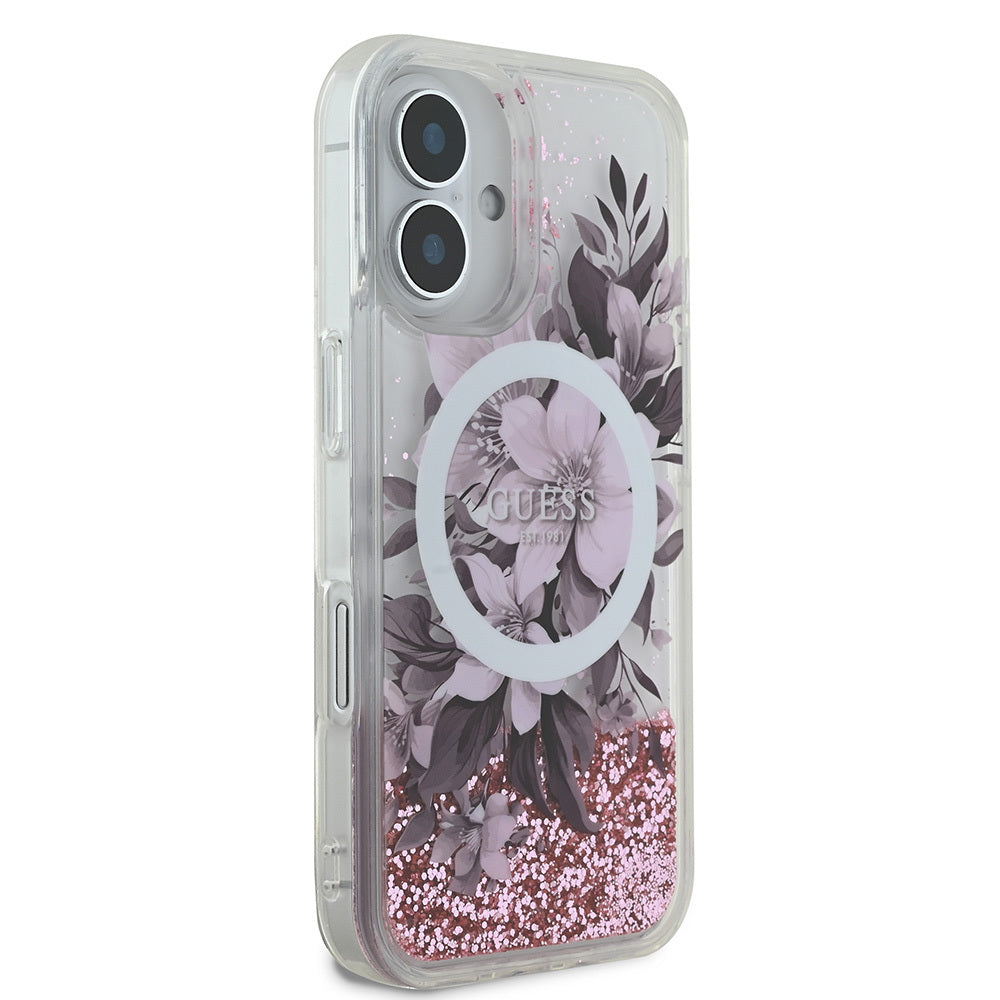 iPhone 16 Plus Kılıf Guess Orjinal Lisanslı M-safe Şarj Özellikli Sıvılı Simli Çiçek Desenli Kapak