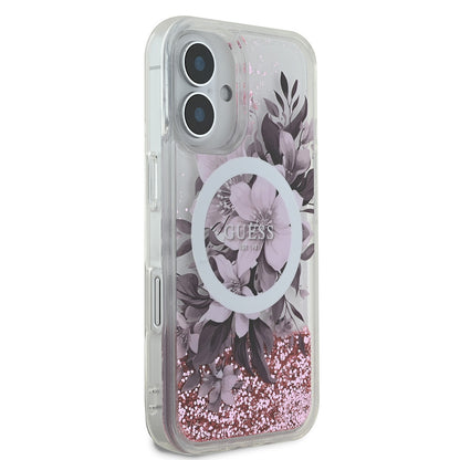 iPhone 16 Plus Kılıf Guess Orjinal Lisanslı M-safe Şarj Özellikli Sıvılı Simli Çiçek Desenli Kapak