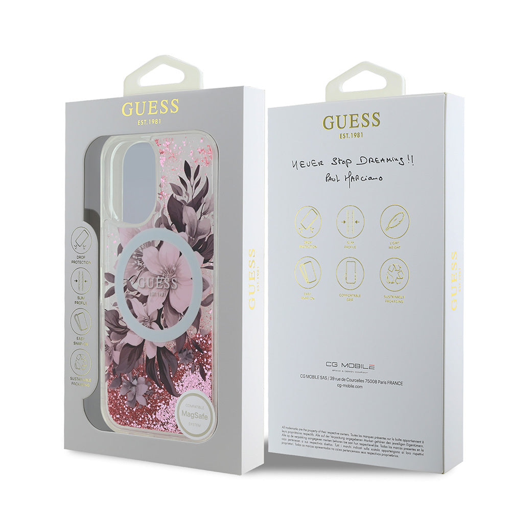 iPhone 16 Plus Kılıf Guess Orjinal Lisanslı M-safe Şarj Özellikli Sıvılı Simli Çiçek Desenli Kapak